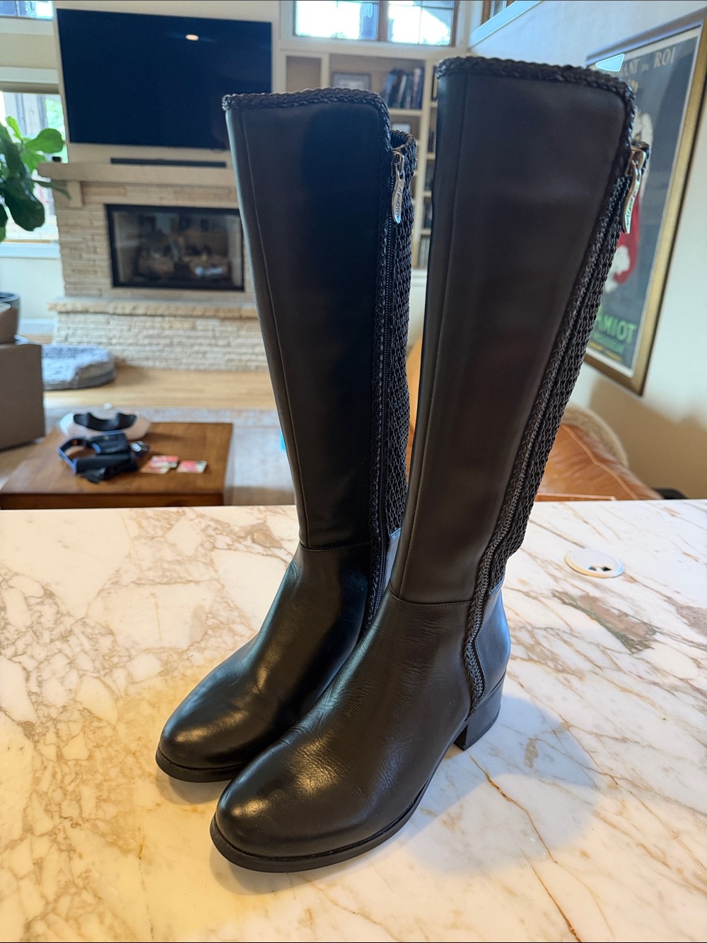 AquaDiva Women’s Black Knee-High Leather Boots - Classic Zip Design 8.5 13” top